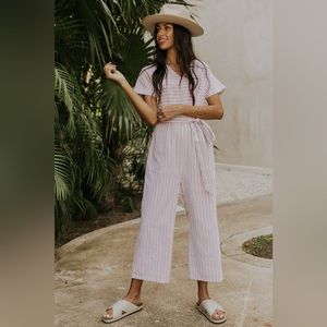 Roolee White Stripped Tie Waist Wide Leg Jumpsuit